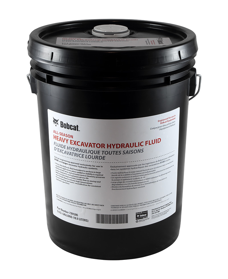Genuine Bobcat Hydraulic Oil, 5 Gallons, 7391285 shown in a 5 gallon pail showing the opening on the top.