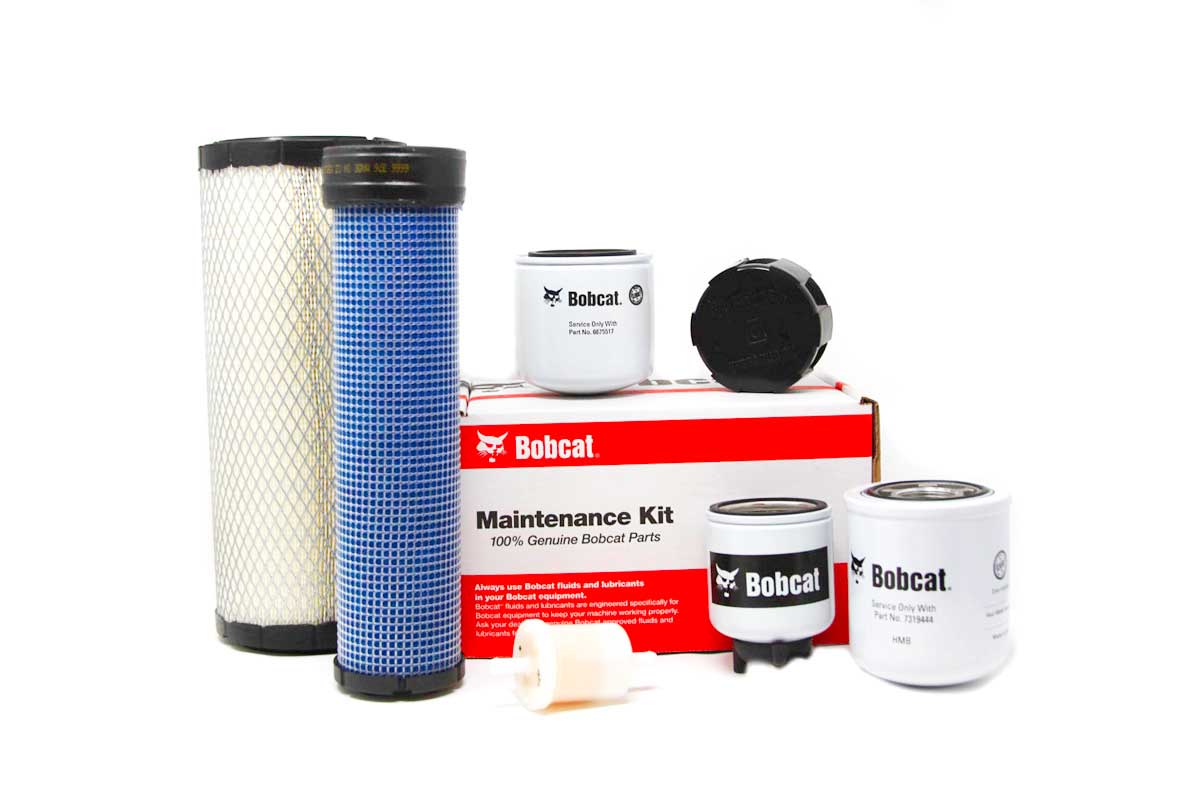 Genuine Bobcat Filter Kit, 7310099, showing all parts included in the kit with a top view of the filter inlet holes.