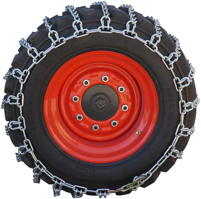 Genuine Bobcat Heavy Duty Tire Chains, 2 Link Spacing, 6988996 installed on a skid steer loader tire.