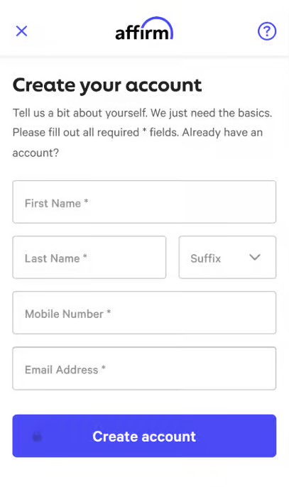 Step 2: Choose how to pay - create your Affirm account
